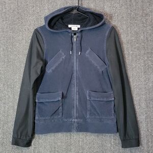 Lacoste Jacket Womens XS 36 Navy Blue & Black Corduroy Fleece Lined Hoodie